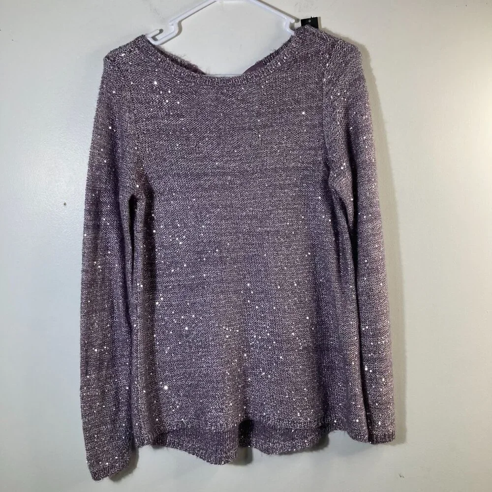 Womens The Limited Sweater Sequins Tie Back‎ Neck Ribbon Purple M NWT